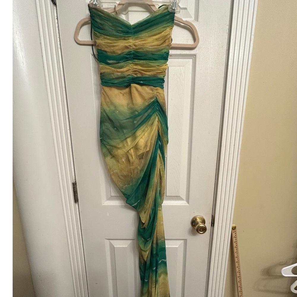 Green Yellow Watercolor Mesh Ruched Strapless Maxi Dress M Night life, Pary